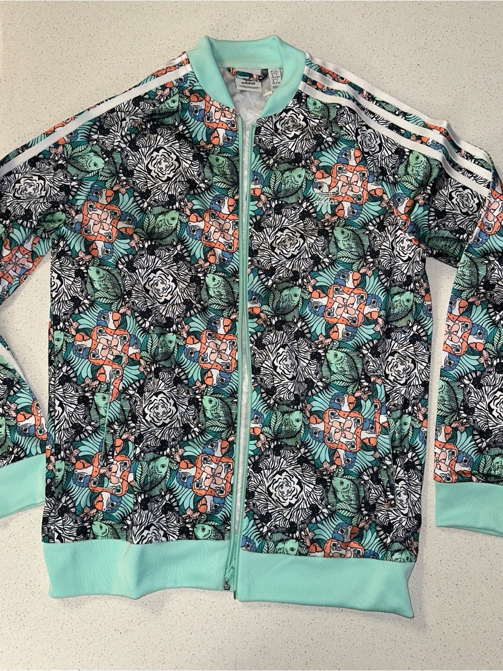 adidas Mint Green and White Track Top with Floral Accents